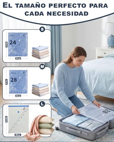 Miniatura 2 de Paquete de 12 bolsas de almacenamiento al vacío (4 de 100 x 80 cm, 4 de 74 x 54 cm y 4 de 64 x 47 cm) con bomba eléctrica y doble cremallera, impermeables y herméticas.