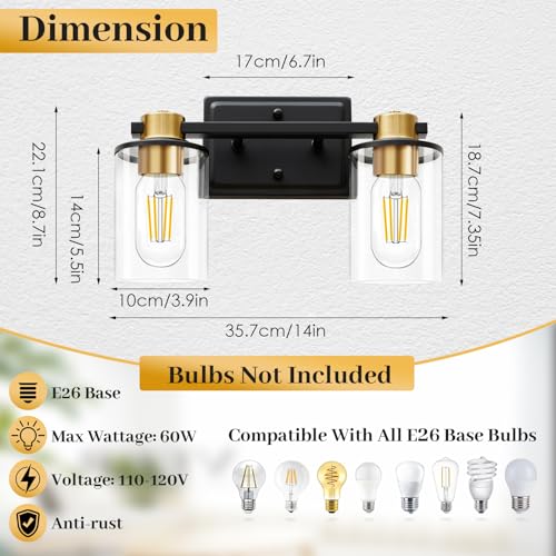 Image of Bathroom Light Fixtures Over Mirror, Gold&Black Vanity Light, Modern Vanity Lights with Clear Glass Shade, Bathroom Light Fixtures with Anti-Rust Metal Frame for Bedroom Washroom Living Room E26 Base