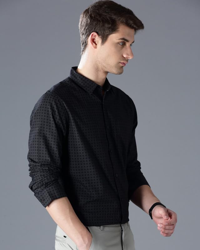 Image of British Club Men Geometric Print Slim Fit Shirt | Stylish Casual Shirt with Unique Patterns | Lightweight Shirt for Office and Outings | Tailored Slim Shirt for Work |