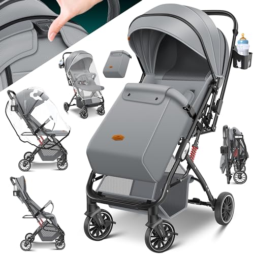 KIDIZ® Silla de paseo, Buggy, Ruedas 360°, Arnés 5 puntos, Incluye Cubrepiés, Portavasos, Funda lluvia y mosquitera, Respaldo ajustable y Capota, Plegable, Gris/Negro