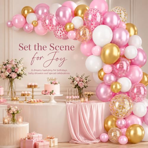 Image of Pink and Gold Balloons, 12 Inch Pink White Metallic Chrome Gold Confetti Pink Latex Balloons with Ribbon Pink Gold Party Balloons Set for Girls Baby Shower Birthday Princess Party Decorations