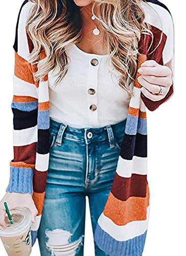 KIRUNDO Women's Open Front Long Cardigan Strip Color Block Long Sleeves Lightweight Knit Fall Outwear Sweater Coats (X-Large, Stripe-Orange)