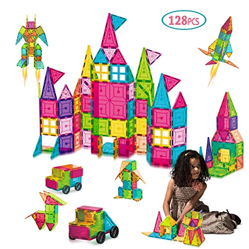 AOKESI Magnetic Toys 128 Pcs Magnet Building Tiles with 2 Cars, 3D Magnetic Building Blocks Set, Magnetic Tiles STEM Preschool Educational Construction Kit for Boys Girls Kids Children Age 3+ Year Old