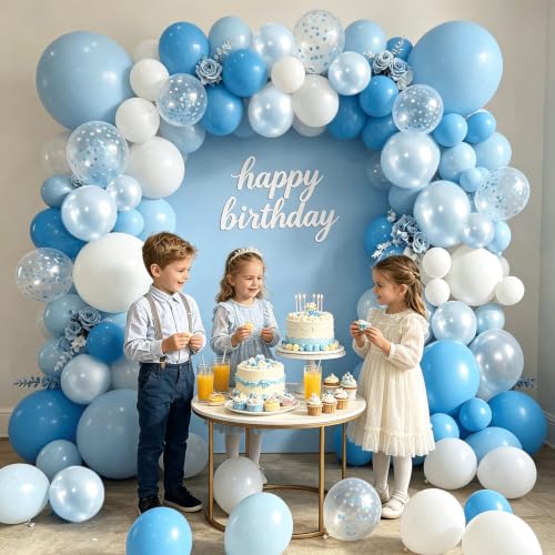 Image of Blocesa Pearl Blue and White Balloons Arch Kit Double Stuffed, Party Decor. | Baby /Light Pearl Blue White Confetti Blue Balloons Latex for Boy Baby Showers Gender Reveals Weddings Birthdays Decoration.