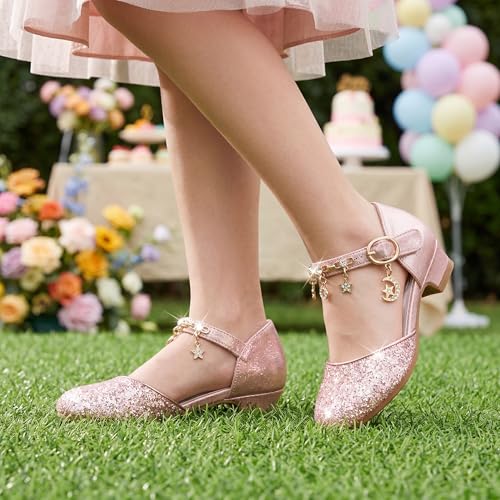Image of Stelle Girls Glitter Charm Dress Shoes Sequins Princess Heels for Party | Sparkle finish, Decorative charms, Cushioned comfort, Flexible outsole, Dress-up, Special occasions, Comfortable fit