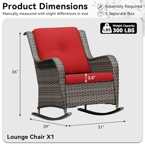 Image of Outdoor Rocking Chair, Wicker Patio Chair with Thickened Olefin Cushions, High Back and Deep Seating, Hand-Woven PE Rattan for Porch, Deck, Balcony, Red