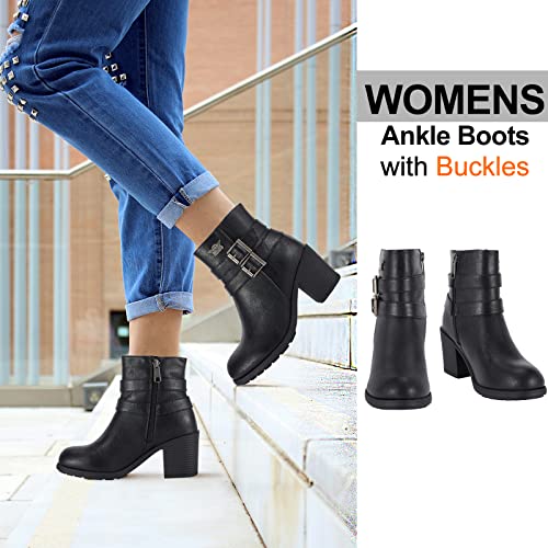 Dream Apparel Women's Chunky Heel Faux Leather Ankle Boots Booties with Side Zipper, Waterproof Black PU Leather Double Buckle Strap Ankle Shoes, Round Toe Mid Heel Short Boots2
