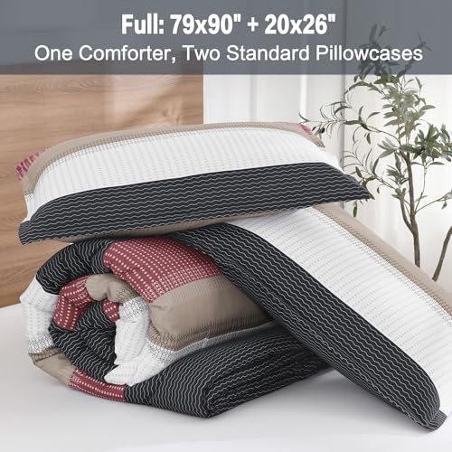 Litanika Full Comforter Set Red Black - 3 Pieces Lightweight Fluffy Bedding Comforter Sets, All Season Down Alternative Comforter (1 Comforter, 2 Pillowcases)