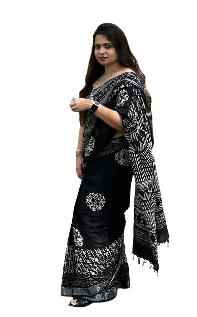 Women's Black Linen Printed Saree with White Ethnic Motifs | Elegant Lightweight Traditional Saree with Designer Pallu & Blouse Piece-picture-55
