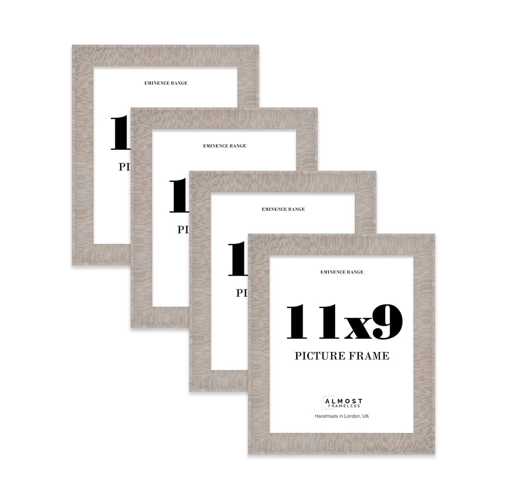 11x9" Grey Picture Frame - Rustic Wood Industrial Effect Photo Frame for Wall Display, Ideal for Posters, Prints & Home Décor, Wall Hooks and Kickstand, 32mm Edge - 4 Pack