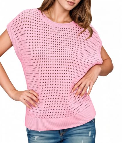 LCXWFE Womens Summer Crochet Sweaters Knit Cap Sleeve Shirts Casual Crewneck Top4