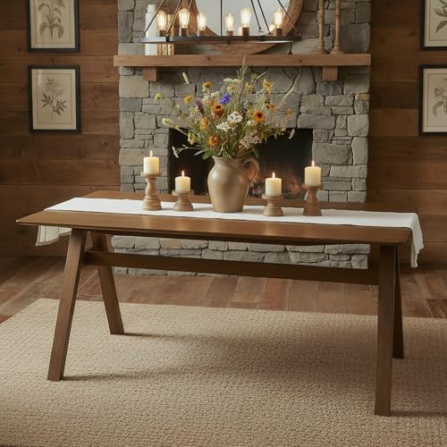 Image of DUOMAY Wooden Dining Table, Square 59 inch Wide Kitchen Table for 4-6 People, Mid Century Rectangular Dinner Table with Trestle Base for Home Restaurant, Walnut Color