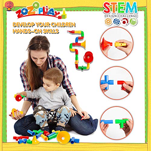 ZoZoplay STEM Toys Tube Locks 72 Piece Tubular Pipes & Spouts & Joints & Whistles Learning Educational Building Block Set with Wheels Gift for Boys Girls - Thumbnail 3