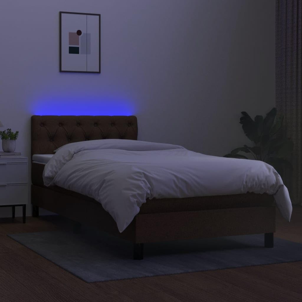 Cama con somier de 80 x 200 cm, color marrón oscuro, con colchón de muelles ensacados LED, cabecero regulable en altura, para jóvenes/invitados/dormitorio pequeño