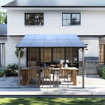 10 x 10 FT Outdoor Gazebo Pergola, Hardtop Lean to Metal Gazebo Canopy with Roof and Stable Frame, Wall-Mounted Heavy Duty Pergola Outdoor Shed Awnings for Patio Backyard, Grey