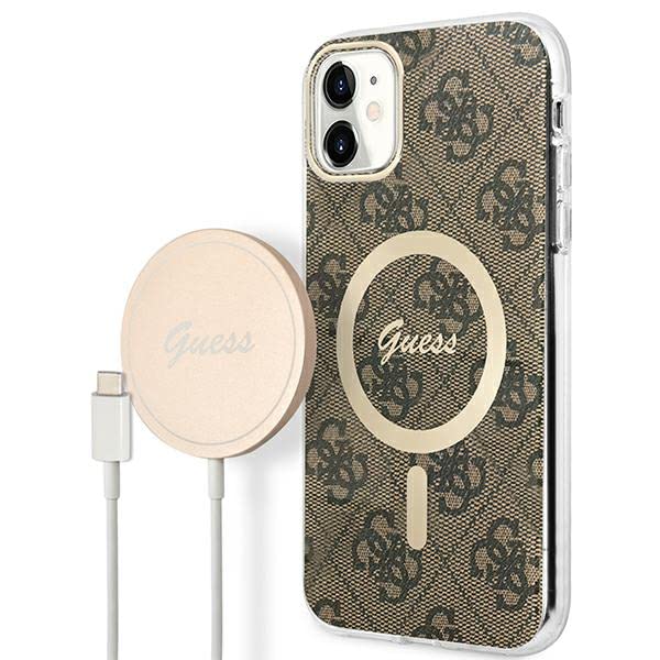 GUESS Bundle GUBPN61H4EACSW Coque et Chargeur pour iPhone 11 6,1" Marron Rigide 4G Imprimé 4G