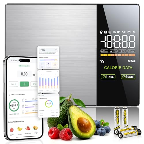 Smart Food Scale with Nutritional Calculator with 23 Nutrients Tracking&LED Display Bluetooth Sync to Fitdays+ App Stainless Steel 5KG Capacity Calorie Counting for Calorie Control&Fitness Goal Silver