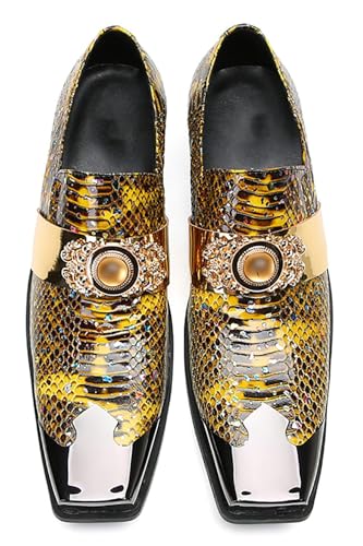 Santimon Men's Slip On Shoes Penny Loafers - Genuine Leather Dress Shoes with Yellow Gemstones & Metal-Square Toe for Wedding, Party, Disco & Bar4