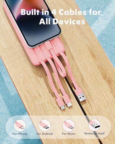Image of charmast Portable Charger with Reinforced Built-in 4 Cables,10000mAh Power Bank Travel Essentials 6 Outputs 3 Inputs 3A Fast Charging Compatible with iPhone iPad Samsung Google Pixel LG Moto