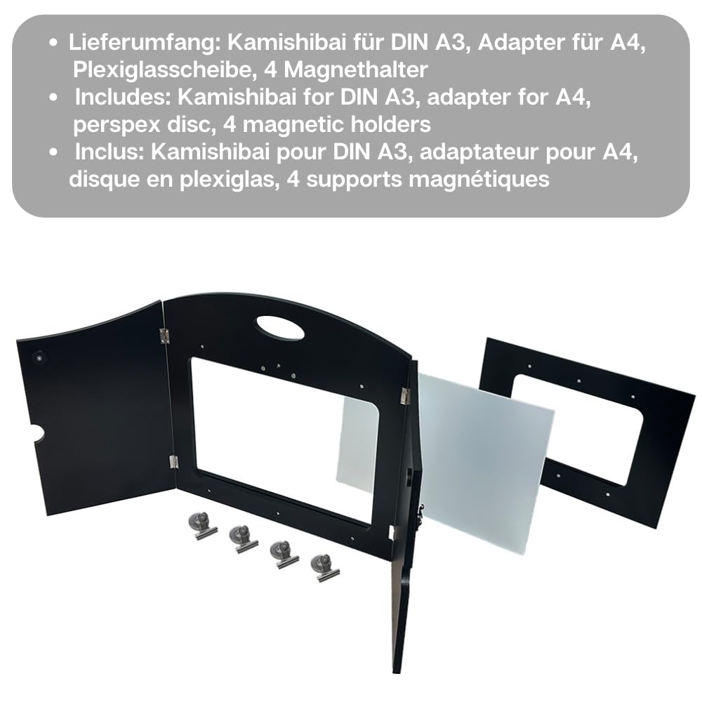 howa Kamishibai 4 en 1 Teatro de narración Teatro de Sombras Teatro Figurentheater Madera para tarjetas de imagen DIN A3, con adaptador para DIN A4, ranura lateral, pared trasera abierta 7504