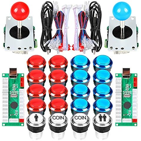 EG STARTS Arcade DIY Kit Part 2x 8 Way Joystick + 16x LED Illuminated Push Button + 2 Player + Coin Buttons for Raspberry Pi 3B Model Project DIY Red & Blue Cover