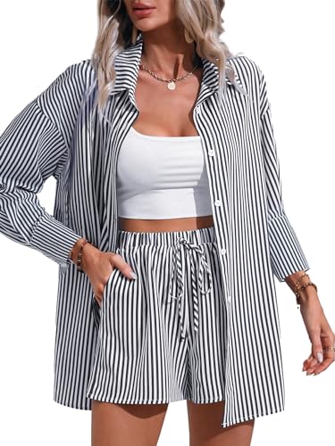 Women's 2 Piece Outfits Striped Button Down Long Sleeve Shirt and Drawstring Shorts Set Black XX-Large