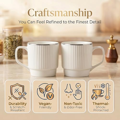 Image of UPC Coffee Mug Set of 6 | White Ribbed Texture with Silver Rim | Tea & Coffee Cups | Microwave & Dishwasher Safe | Home & Kitchen
