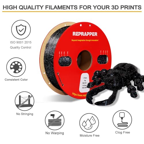 Image of RepRapper PLA Filament 1.75mm Glitter Black - 3D Printer Filament 1kg (2.2lbs) - High Accuracy ±0.03mm, Clog-Free, Tangle-Free for FDM 3D Printers