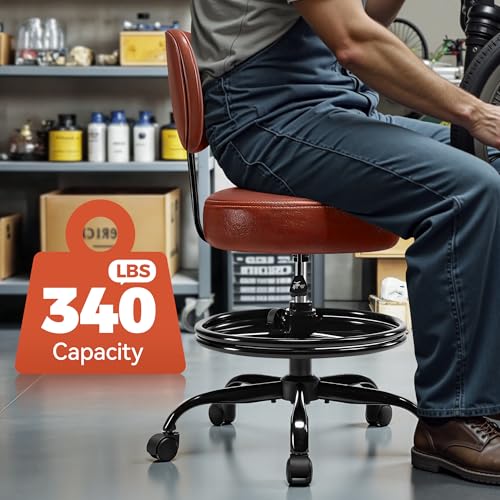 Image of BestGlory Shop Stool with Wheels for Garage, Mechanics Rolling Chair with Backrest, Adjustable Height Heavy Duty Garage Stool with Footrest and Storage Tray, Swivel Task Chair for Workshop Salon