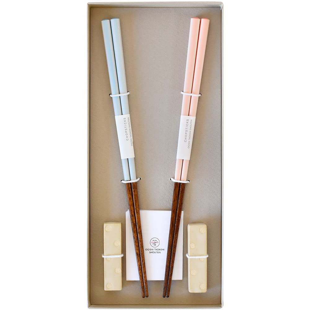 Japanese Couples Chopsticks Set Pair Polka Dot Rest Fukui Lacquer 8.9in