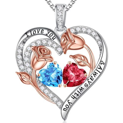 Iefil Birthstone Necklace for Women - 925 Sterling Silver Rose Heart Birthstone Necklace Birthday Anniversary Jewelry Gifts for Her Wife Mom Daughter