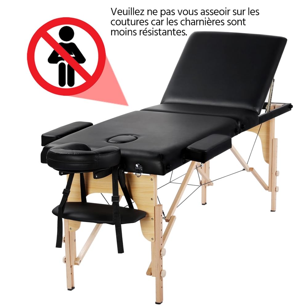 Yaheetech Table de Massage Pliable Lit de Massage 3 Zones Professionnelle Portable Charge 250 kg Hauteur réglable 213 x 60 cm en Bois de hêtre Noir