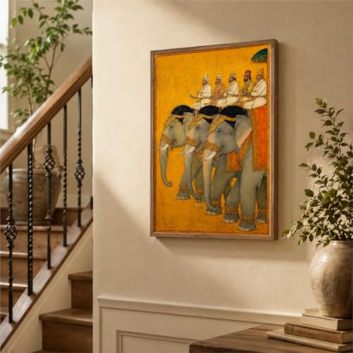Image of Livin'luxe Royal Elephant Procession Wall Painting for Living Room Bedroom Hall Office Decor, Vintage Indian Artwork with Sparkle Laminate and Premium Wooden Synthetic Frame (19.5 x 25.5 Inch) NL01-4114