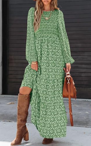 Image of PRETTYGARDEN Women's Fall Dresses 2026 Long Sleeve Flowy Casual Floral Maxi Dress Crew Neck Smocked Tiered Long Dress