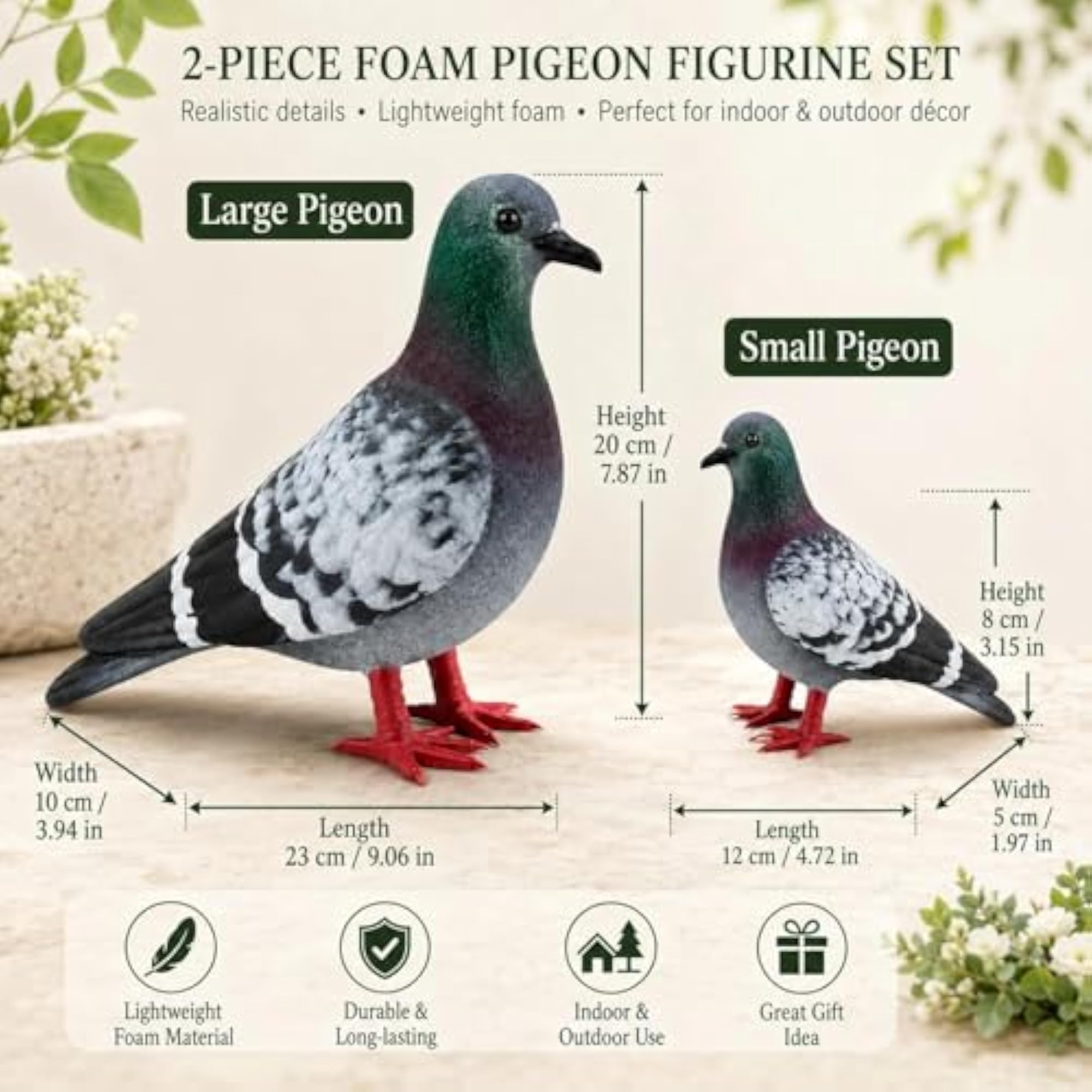 2 Pcs Foam Pigeon Figurines for Garden Decor