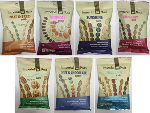 Imperial Nuts Grab & Go 7 PK Variety of Snack Blend Featuring a Large Assortment of Variety of Fresh Nuts, Dried Fruits, Seeds & Chocolate Blend.