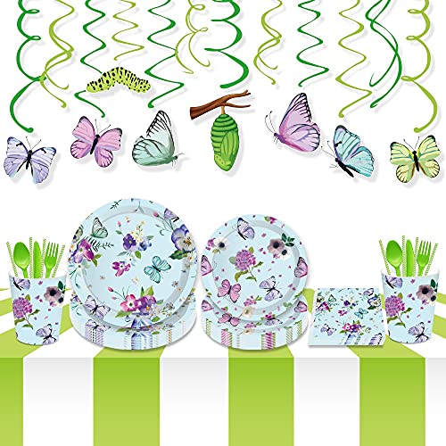 Cheeseandu Butterfly Party Pack For Guests 8 Includes 8Pcs 9" Blue Purple Floral Butterfly Plates 8Pcs 7" Blue Plates 8Pcs 8Oz Blue Cups 20Pack Butterfly Napkins For Birthday Tea Party #TOP2