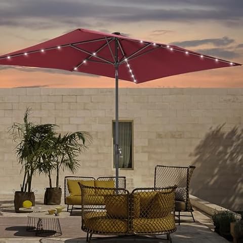 Bonosuki Rectangle patio umbrella with solar lights, 6X9ft Rectangular Umbrella outdoor patio with Tilt and Crank for Garden, Deck, Backyard, Pool and Beach,Wine Red Cover