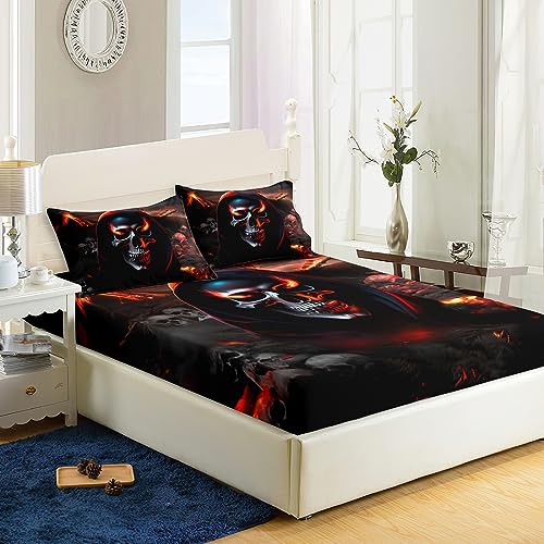 Ailonen Skull Fitted Sheet Twin Size, Halloween Sheet Fire Skull Bedding Set For Boys Girls,Caldera Themed Bed Sheets,3 Pieces, thumb #2