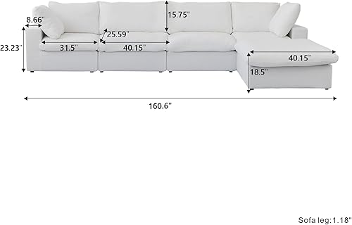 Miniatura 2 de Cloud - Sofá modular modular con relleno de plumón de 160.6 pulgadas, cómodo sofá en forma de L para sala de estar, sofá minimalista ancho profundo