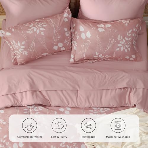 Image of Bedsure Rose Pink Queen Comforter Set - 7 Pieces Floral Bedding Sets Queen Bed in a Bag with Reversible Botanical Flowers Comforter, Sheets, Pillowcases & Shams