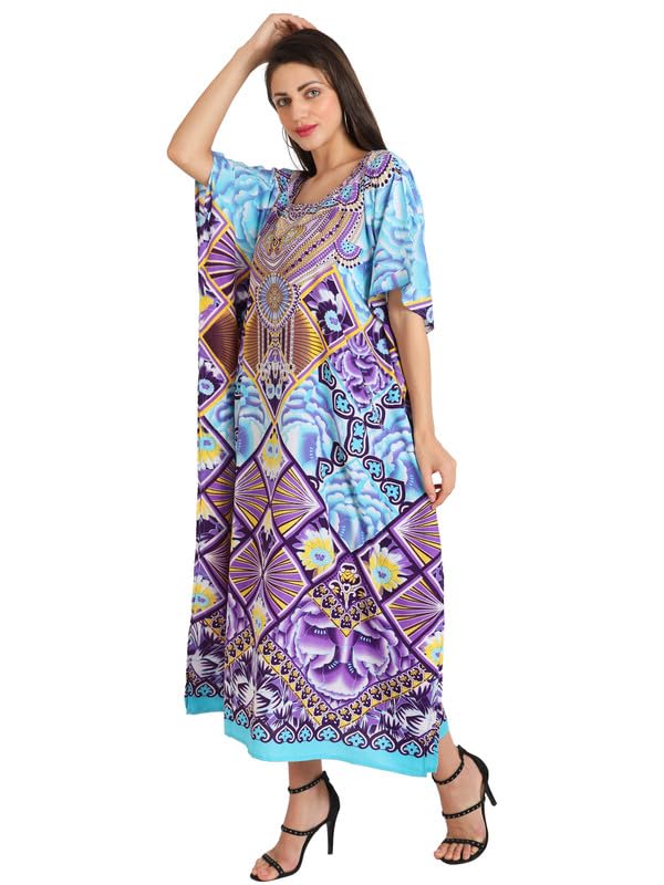 Image of Miss Lavish London Swimwear Cover ups Kaftan Dresses for Women Ethnic Print V Neck, Beach Coverups Plus Size, Side Slit & Pockets on Both Sides, Womens Beach Resort Wear-Purple-XL