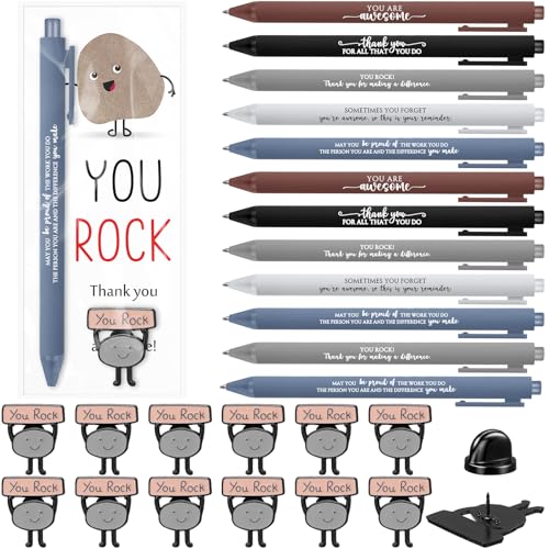 Sayglossy 24 Sets Motivational You Rock Employee Appreciation Gifts Bulk Ballpoint Pens and You Rock Cards and Brooch Pin with Organza Bags Inspirational Thank Gift for Team Coworker Staff