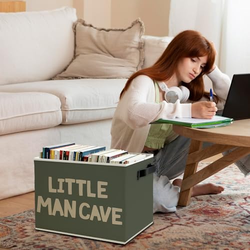 Image of Little Man Cave Boys Storage Bins Box with Handles, Olive Green Boho Collapsible Basket Organizer for Kids Boys Playroom Nursery Room Bedroom Bathroom Books Clothes