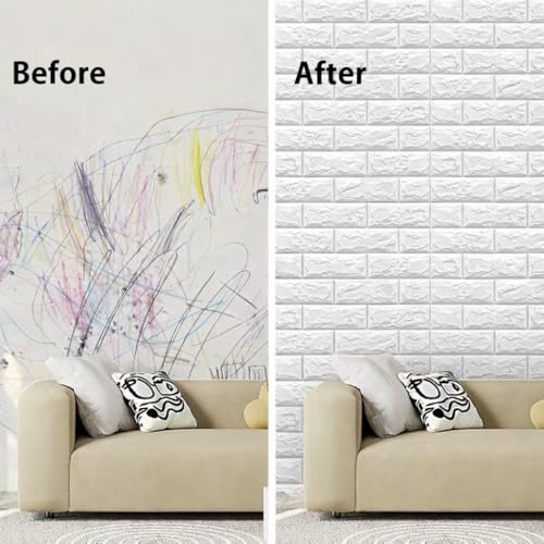Image of 3D Self Adhesive Foam Brick Wallpaper Peel and Stick Waterproof Wall Panels Soundproof Wall Sticker for Living Room Bedroom Kitchen Home Office Interior Decoration (Pack of 1, White)
