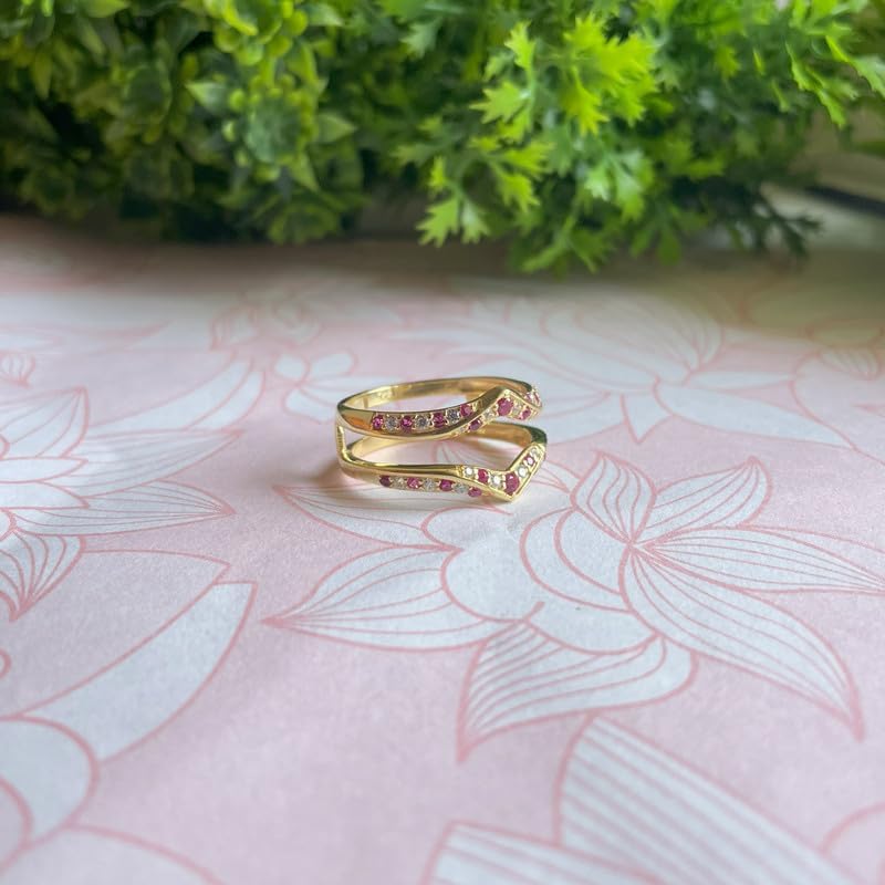 Red Ruby & White Diamond V Shaped Enhancer Guard For Women, 14k Gold Finish Ruby Anniversary Wrap Ring, Anniversary Band