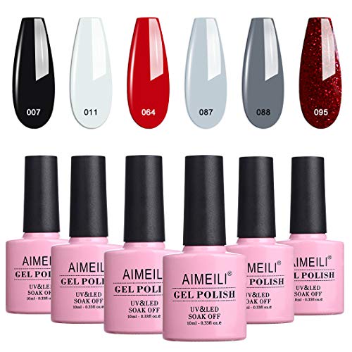 AIMEILI UV LED Gellack Schwarz Weiß Grau Rot mehrfarbig ablösbarer Gel Nagellack Gel Polish Set - 6 x 10ml - Kit Nummer…