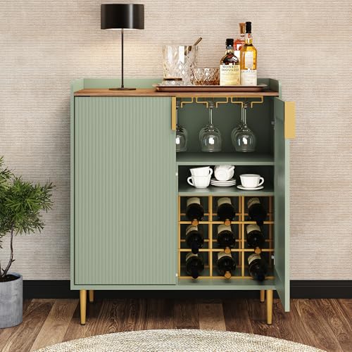 ARTPOWER Coffee Bar Cabinet with Wine Racks, Liquor Cabinet with Fluted Texture, Modern Sideboard Buffet Cabinet for Kitchen Dining Room, Living Room, Sage Green