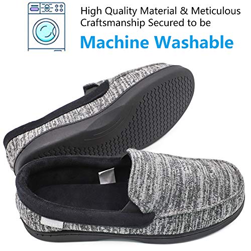 Mwfus Men's Comfy Memory Foam Moc Slippers Breathable Cotton Knit House Shoes Indoor Outdoor(Grey Stripes,Size 11)
