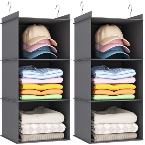 Lifewit Hanging Storage with Metal Hooks, Foldable Wardrobe Closet Storage Organiser, Fabric Hanging Shelves Organiser for Clothes, Towels, Shoes, Toys, 3 Tier, 2 Pack